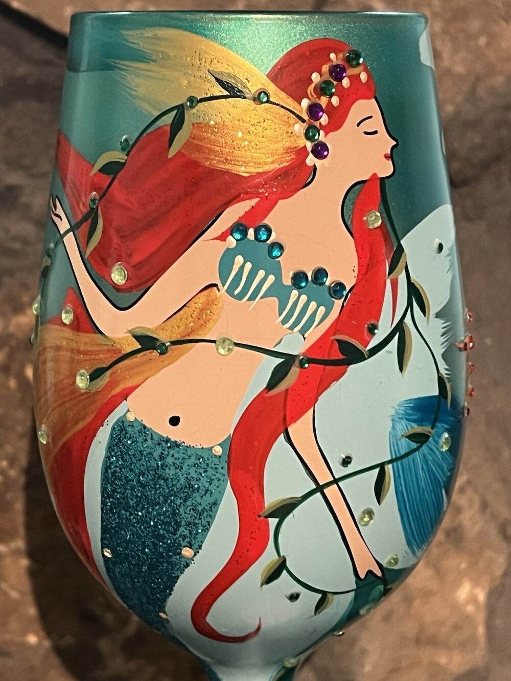 Lolita Mermaid Love My Wine Stem 15oz Glass Hand Painted Jeweled Whimsy NEW
